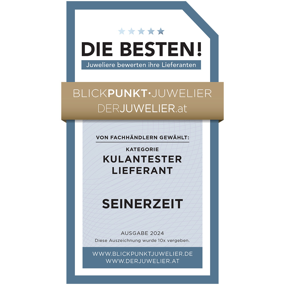 Seinerzeit wins 2024 Blickpunkt Juwelier award for most accommodating supplier (Kulantester lieferant), chosen by professional jewelers in Germany and Austria.