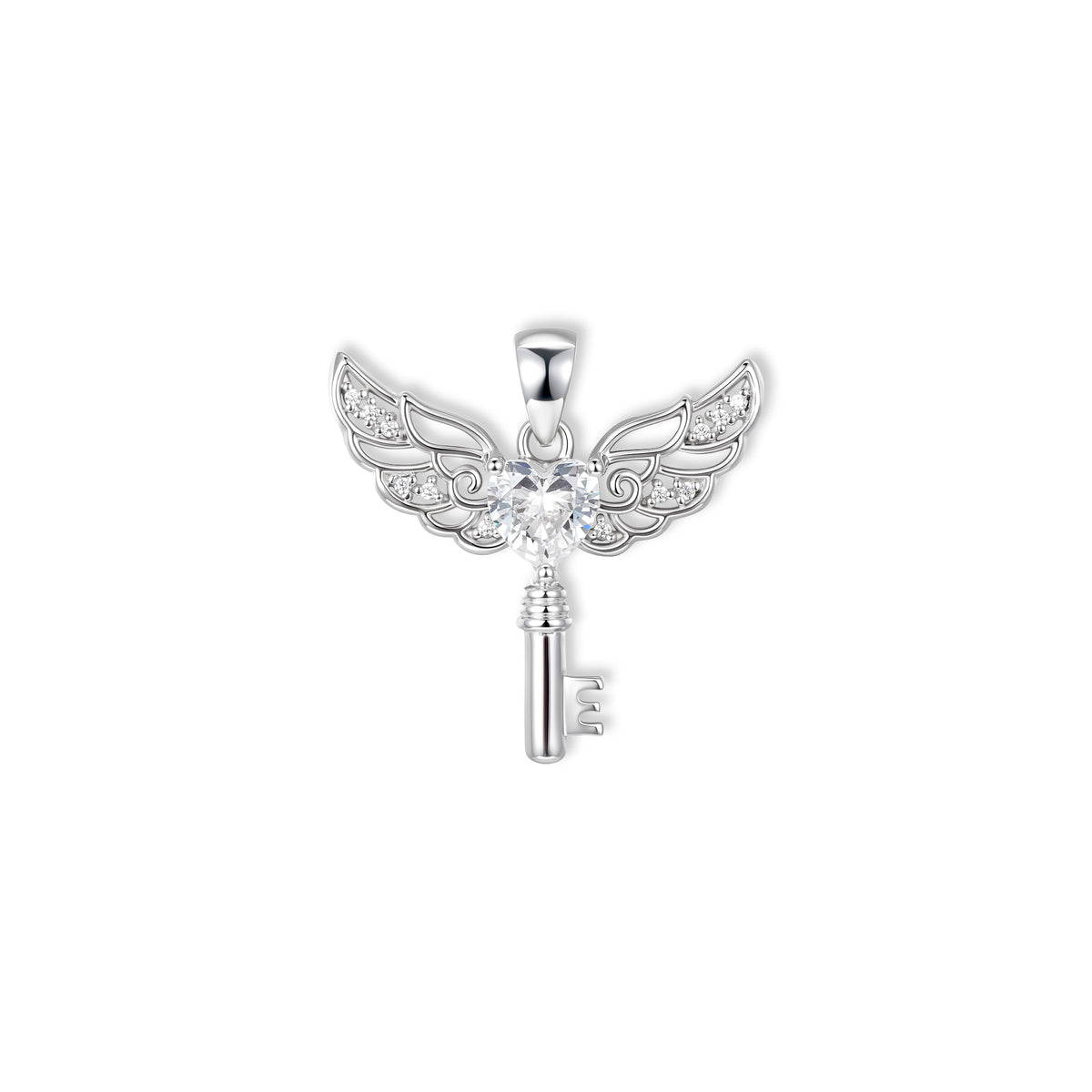 Auri Schlüssel-Anhänger von SEINERZEIT aus rhodiniertem 925 Sterling Silber mit weißem Herz-Zirkonia und Engelsflügeln 