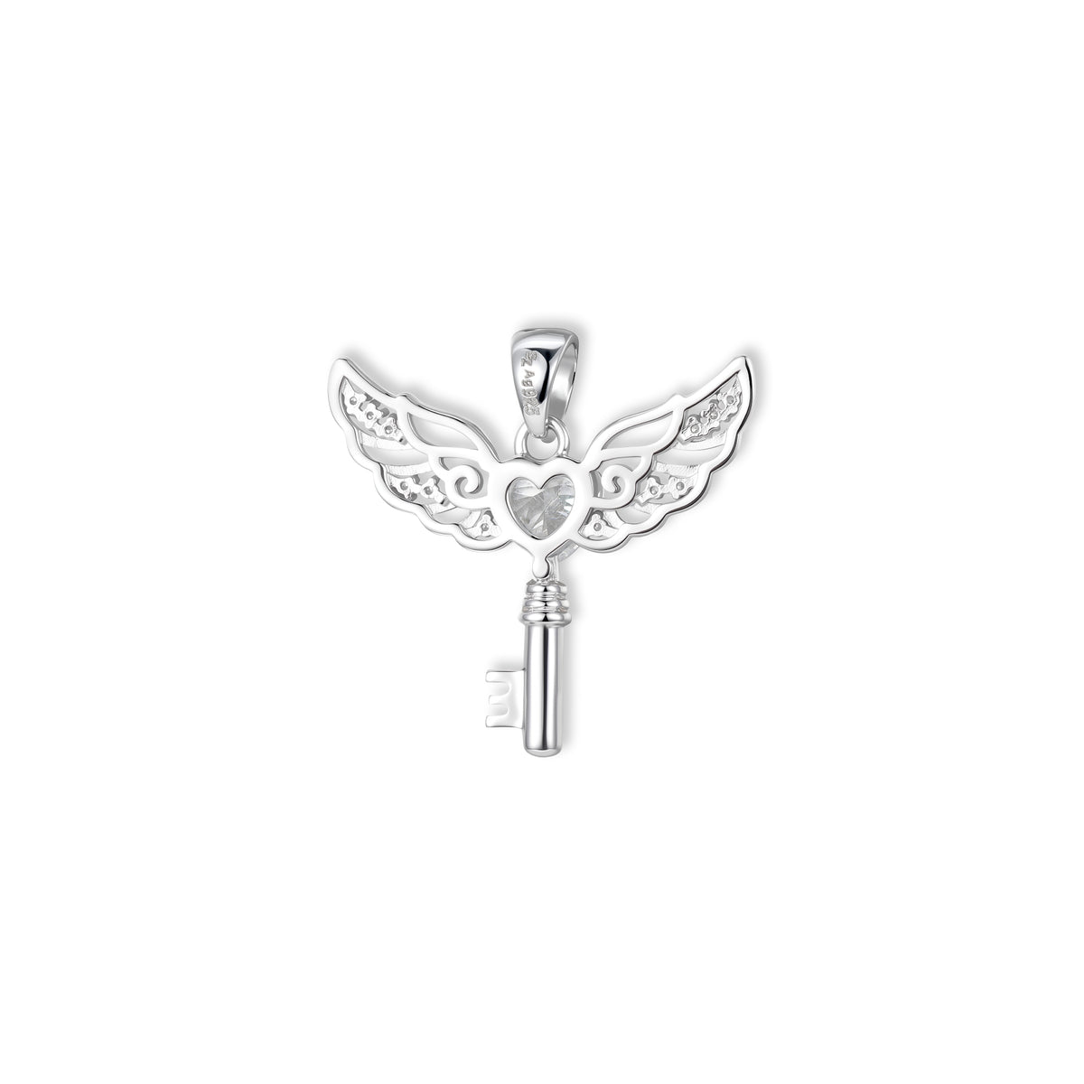 Rückseite des Auri Schlüssel-Anhängers von SEINERZEIT aus rhodiniertem 925 Sterling Silber mit Engelsflügeln 