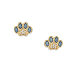 Gold-plated Azur Paw stud earrings with a paw on each, azure oval zirconia at the paw tips and white zirconia accents