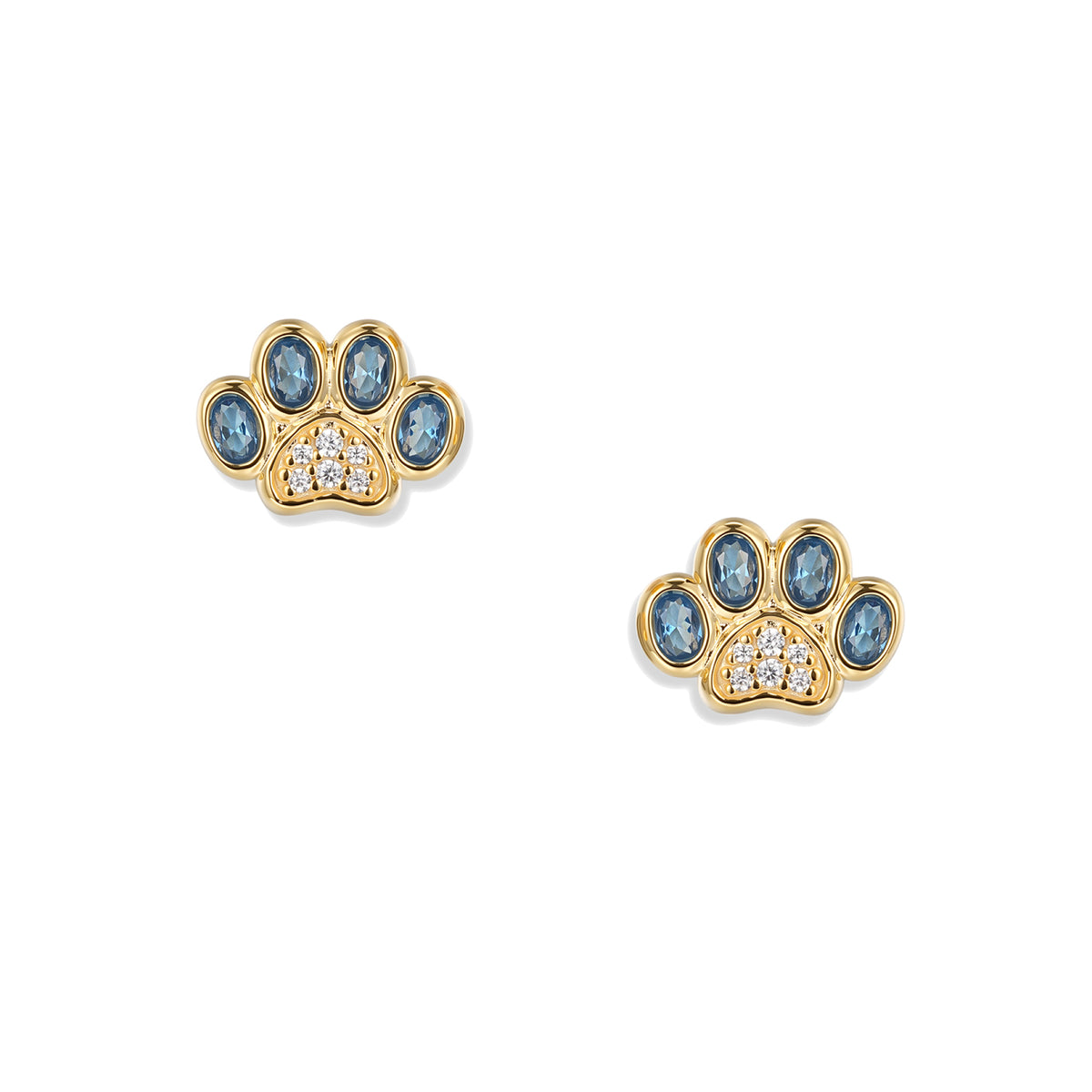 Boucles d'oreilles plaquées or bleu avec pattes de chien, chacune avec une patte, des oxydes de zirconium ovales bleu azur aux extrémités des pattes et des accents en oxydes de zirconium blancs