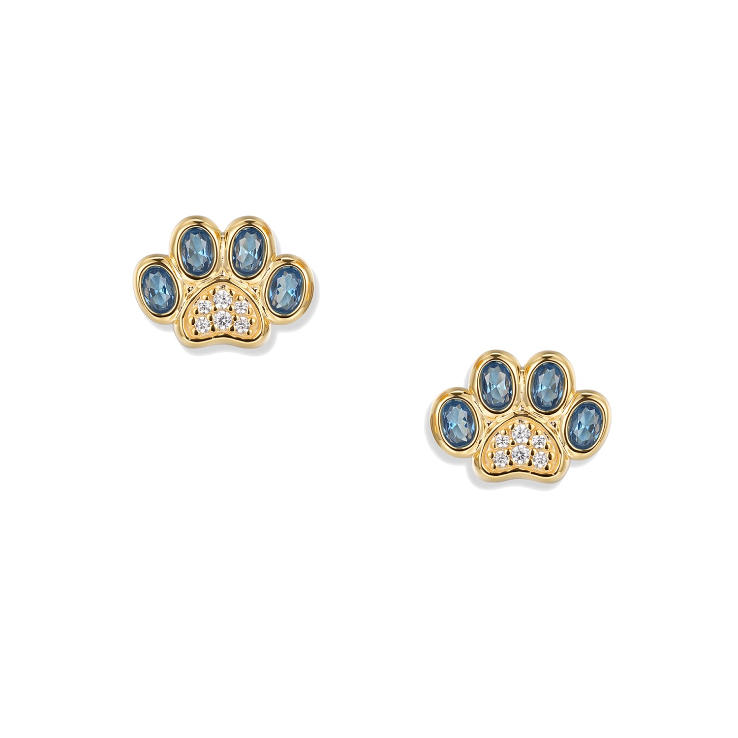 Orecchini a lobo a forma di zampa placcati oro con zampa, zirconia azzurra ovale sulle punte e decorazione in zirconia bianca