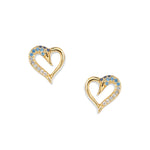Gold-plated azure swan heart stud earrings with blue and white zirconia, delicate heart motif in a swan shape