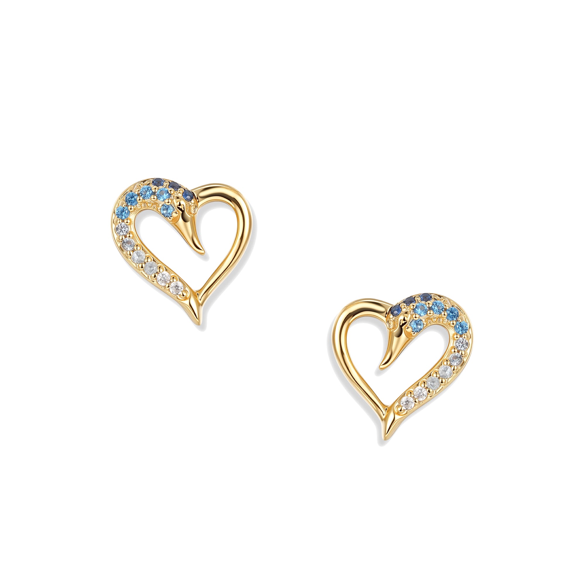 Vergoldete Azur Schwan Herz Ohrstecker mit blauen und weißen Zirkonia, filigranes Herzmotiv mit Schwanform