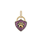 Gold-plated and oxidized Berry Paw lock pendant in a triangular shape, with a raised frosted paw in relief and pink zirconia on the bail and frame