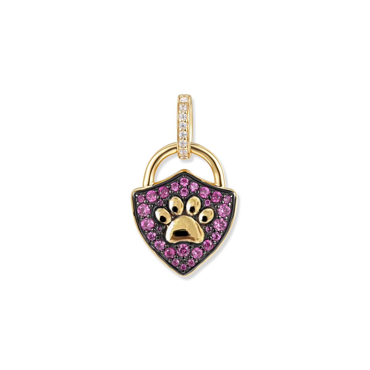 Pendentif Berry Paw en forme de triangle, doré et oxydé, avec patte mate en relief et oxydes de zirconium roses sur la bélière et le cadre.