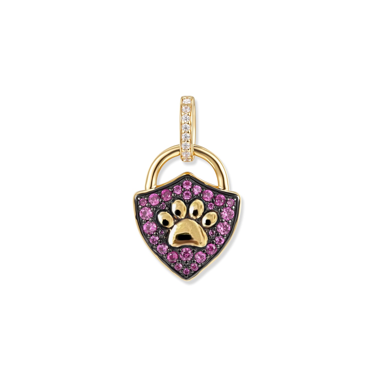 Ciondolo a lucchetto Berry Paw triangolare in argento dorato e ossidato, con zampa in rilievo satinata e zirconi rosa su occhiello e cornice