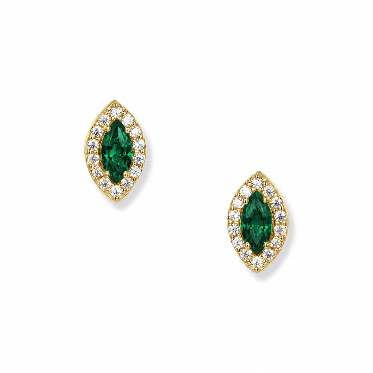 Björn Navette Ohrringe von SEINERZEIT aus vergoldetem 925 Sterling Silber mit grünen Navette-Zirkonia und weißen Zirkonia