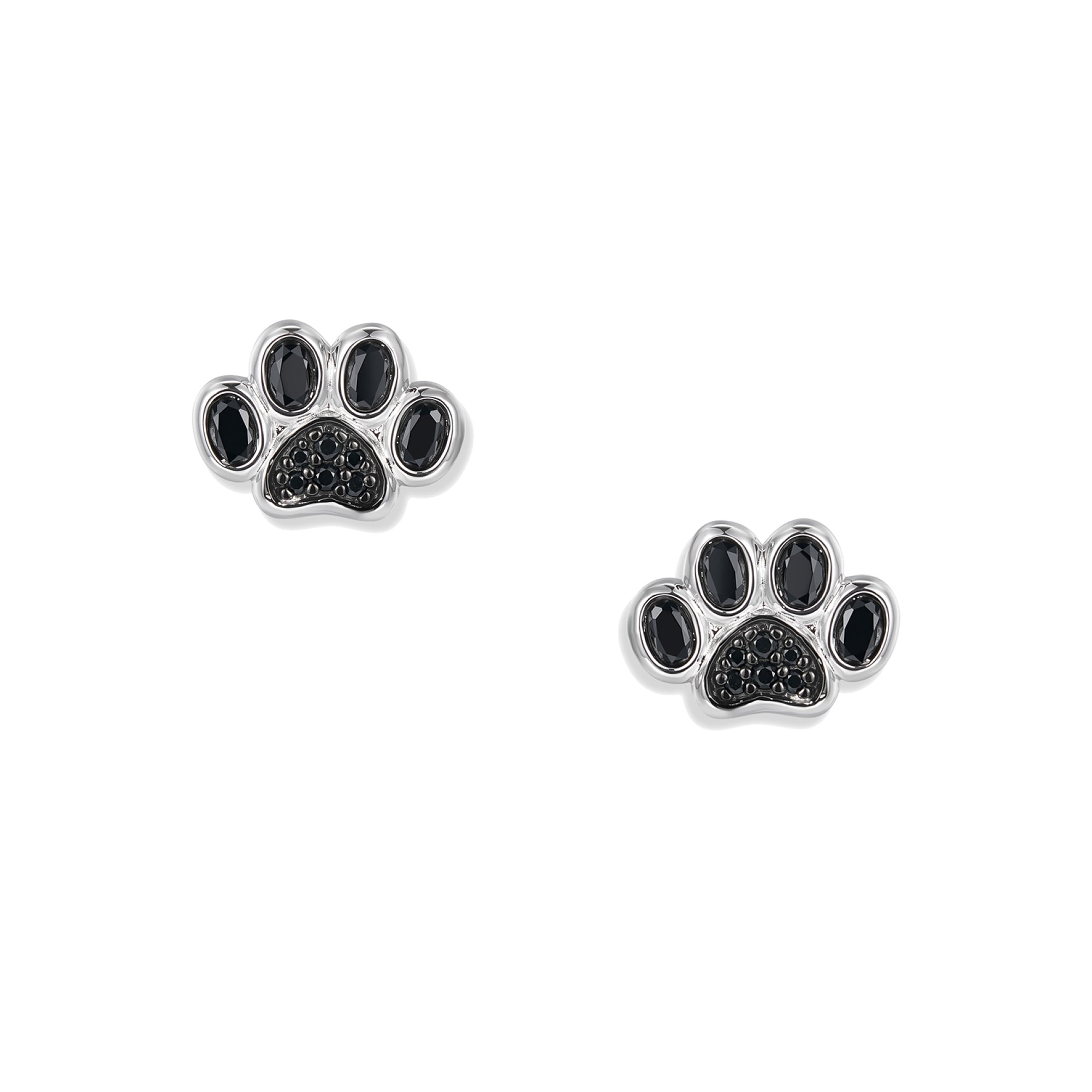 Silberne Black Paw Pfoten Ohrstecker mit jeweils einer Pfote, großen ovalen schwarzen Zirkonia an den Pfotenspitzen und vollständig schwarzem Zirkonia-Besatz