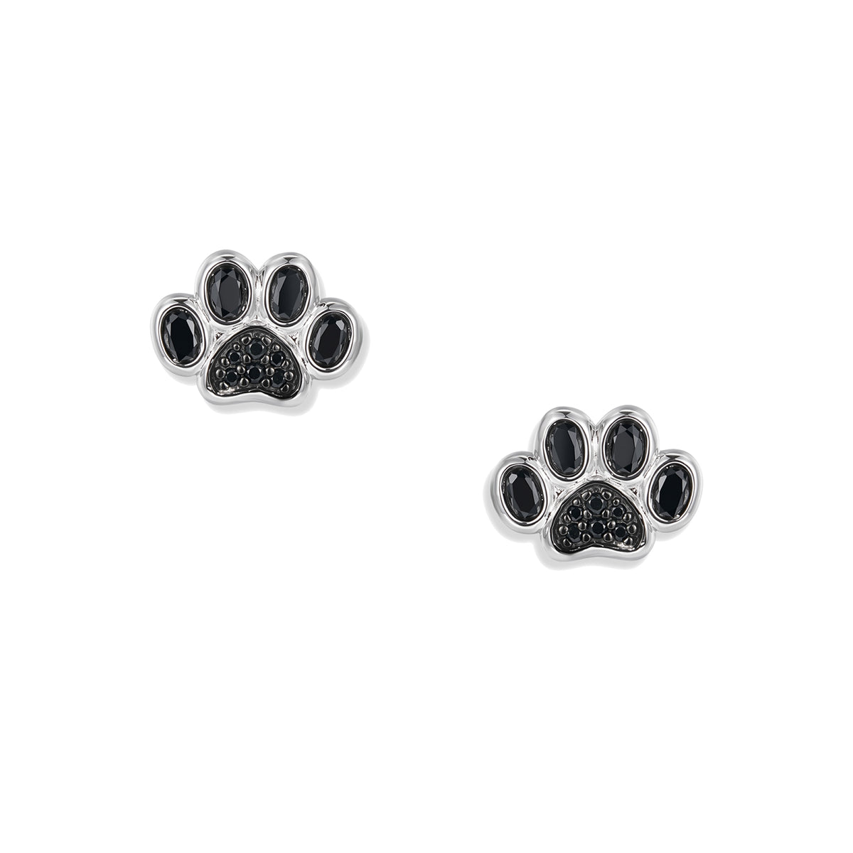 Boucles d'oreilles puces Black Paw en argent avec motif patte, grands zircons noirs ovales aux extrémités et pavage complet en zircons noirs