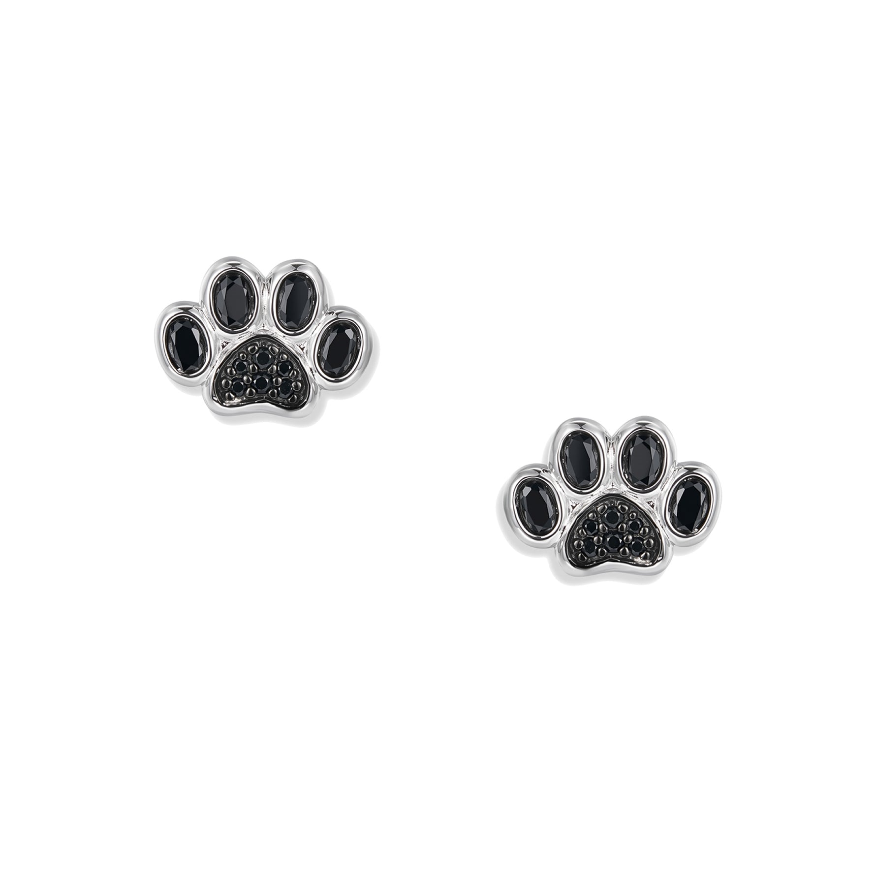 Boucles d'oreilles puces Black Paw en argent avec motif patte, grands zircons noirs ovales aux extrémités et pavage complet en zircons noirs