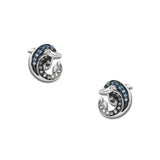 Silberne Blue Delfin Infinity Ohrstecker mit jeweils einem rund gekrümmten Delfin, vollständig besetzt mit kräftig blauen Zirkonia