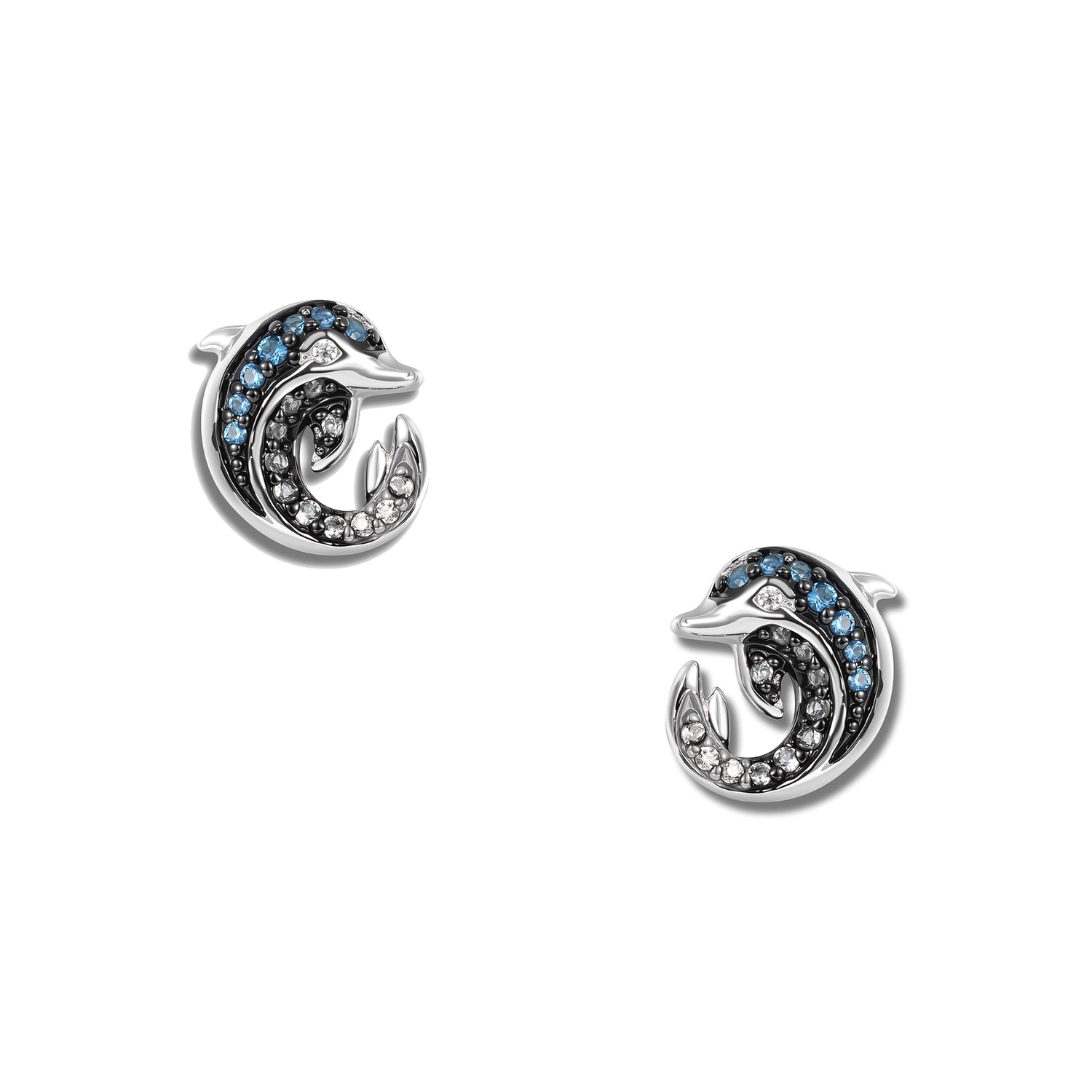 Orecchini a lobo a forma di delfino blu Infinity in argento, ciascuno con un delfino ricurvo interamente tempestato di zirconi blu intenso