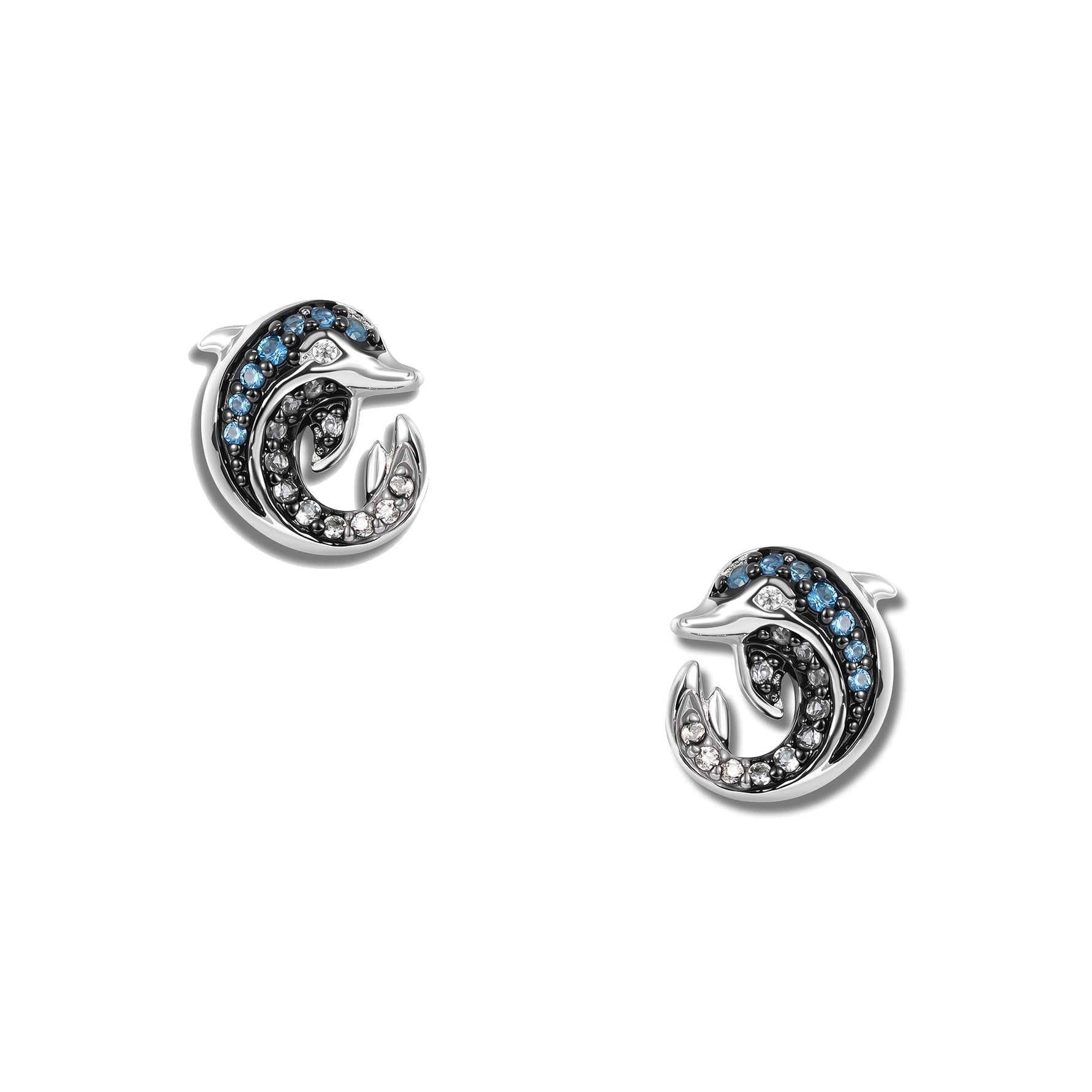 Silberne Blue Delfin Infinity Ohrstecker mit jeweils einem rund gekrümmten Delfin, vollständig besetzt mit kräftig blauen Zirkonia