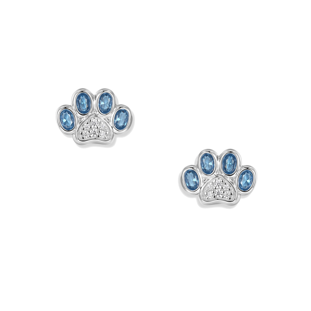 Clous d'oreilles argentés Blue Paw avec une patte chacun, zirconias ovales bleus aux extrémités des pattes et ornements en zirconias blancs