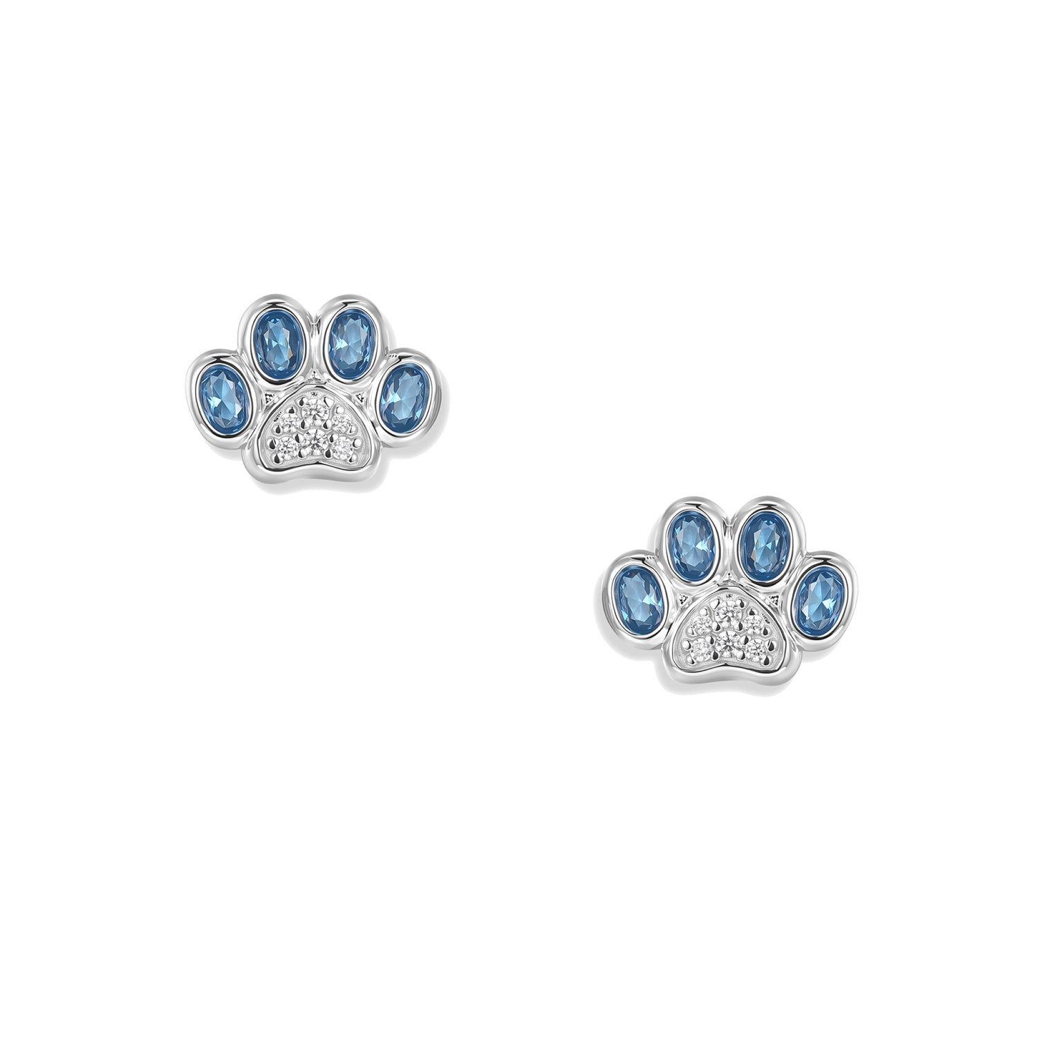 Orecchini a lobo Blue Paw in argento, ciascuno con una zampa, zirconi blu ovali sulle punte e decorazione in zirconi bianchi