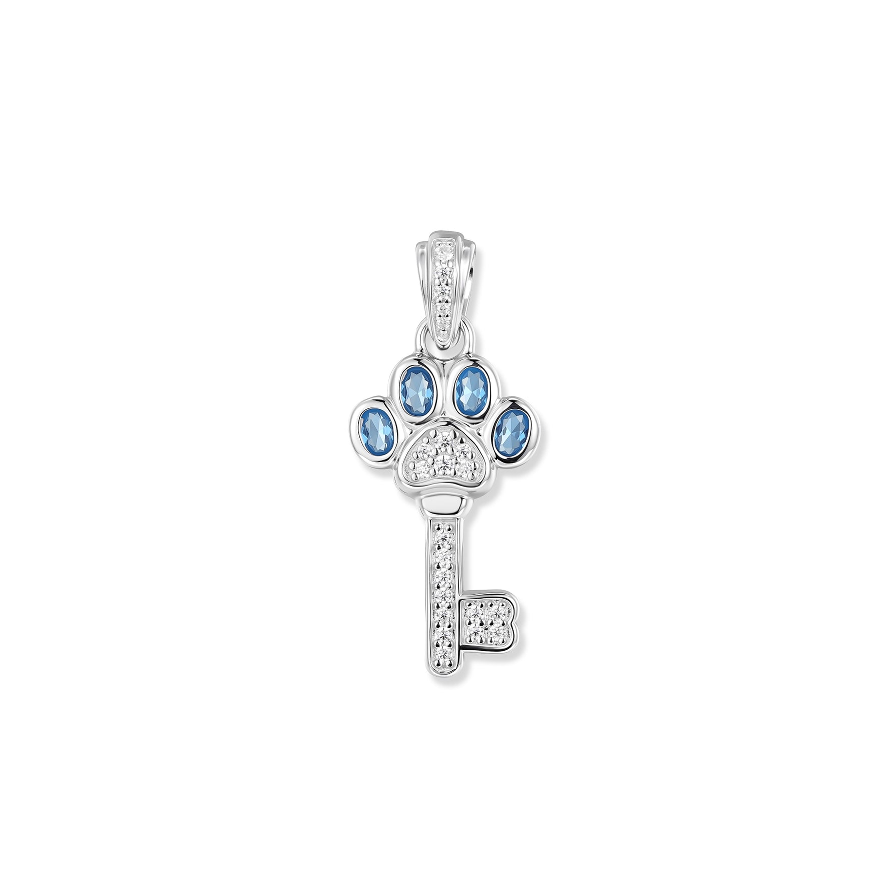 Silver Blue Paw keychain with paw-shaped handle, blue oval cubic zirconia on the paw tips, and white cubic zirconia trim