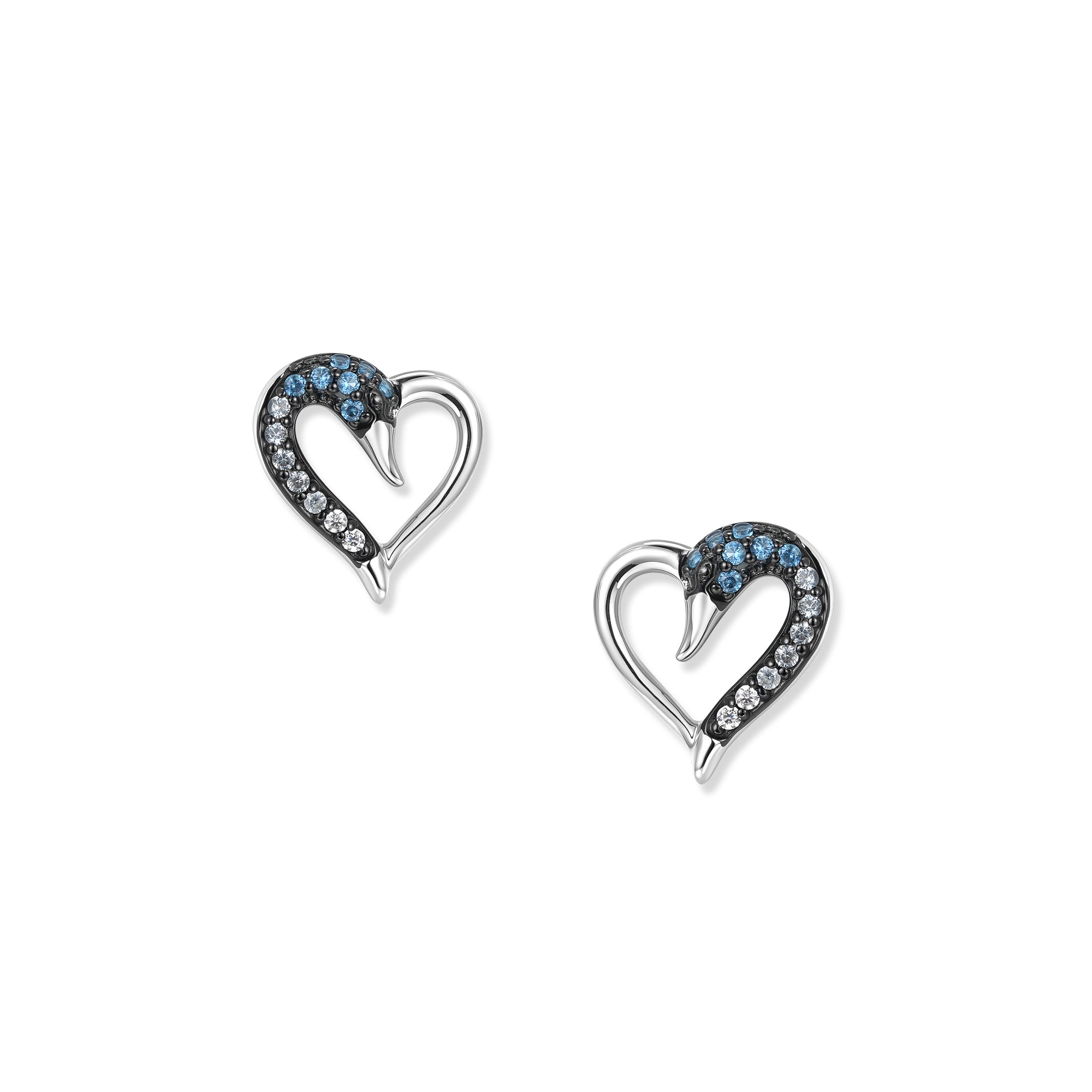 Silberne Blue Schwan Herz Ohrstecker mit blauen und weißen Zirkonia, filigranes Herzmotiv mit Schwanform