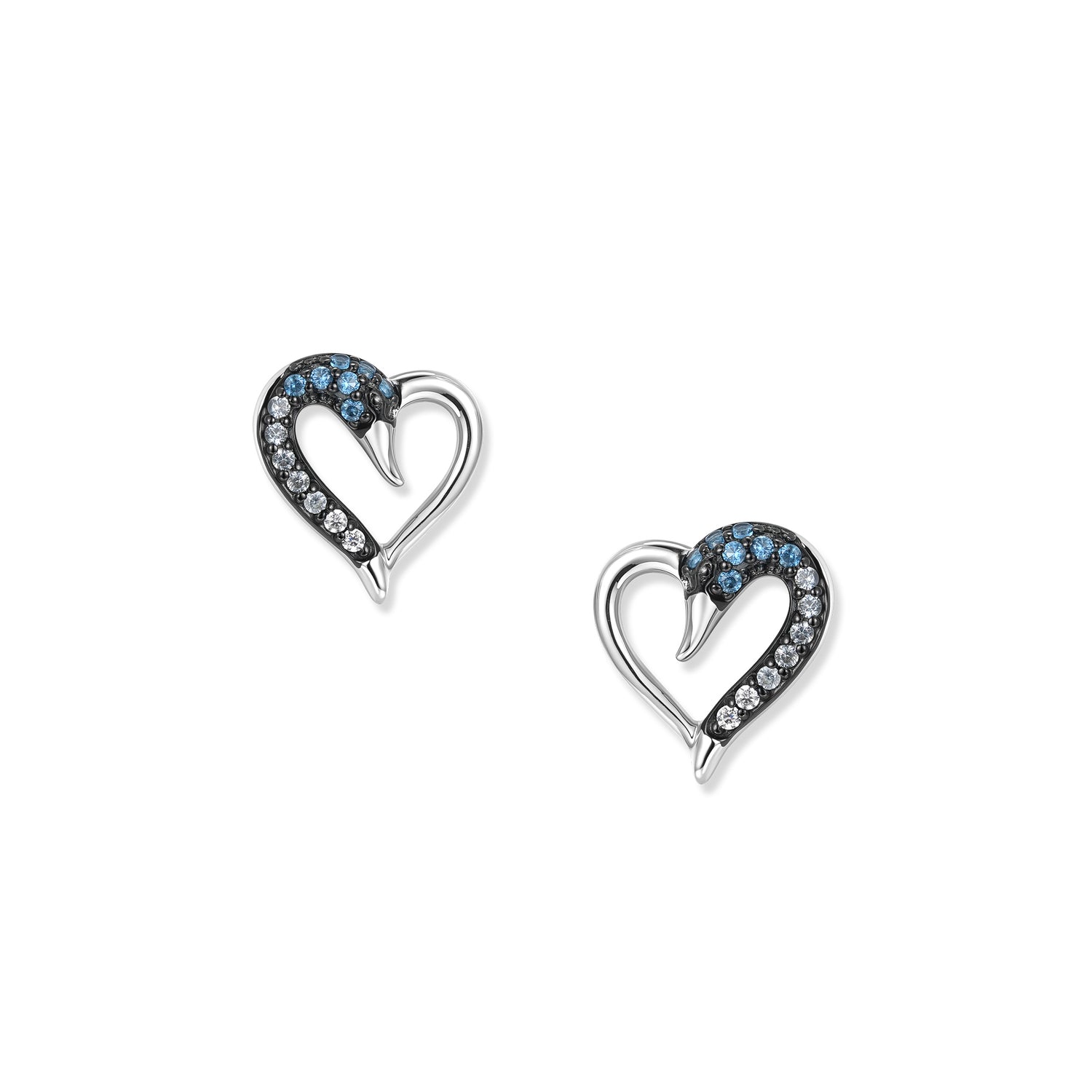 Silberne Blue Schwan Herz Ohrstecker mit blauen und weißen Zirkonia, filigranes Herzmotiv mit Schwanform