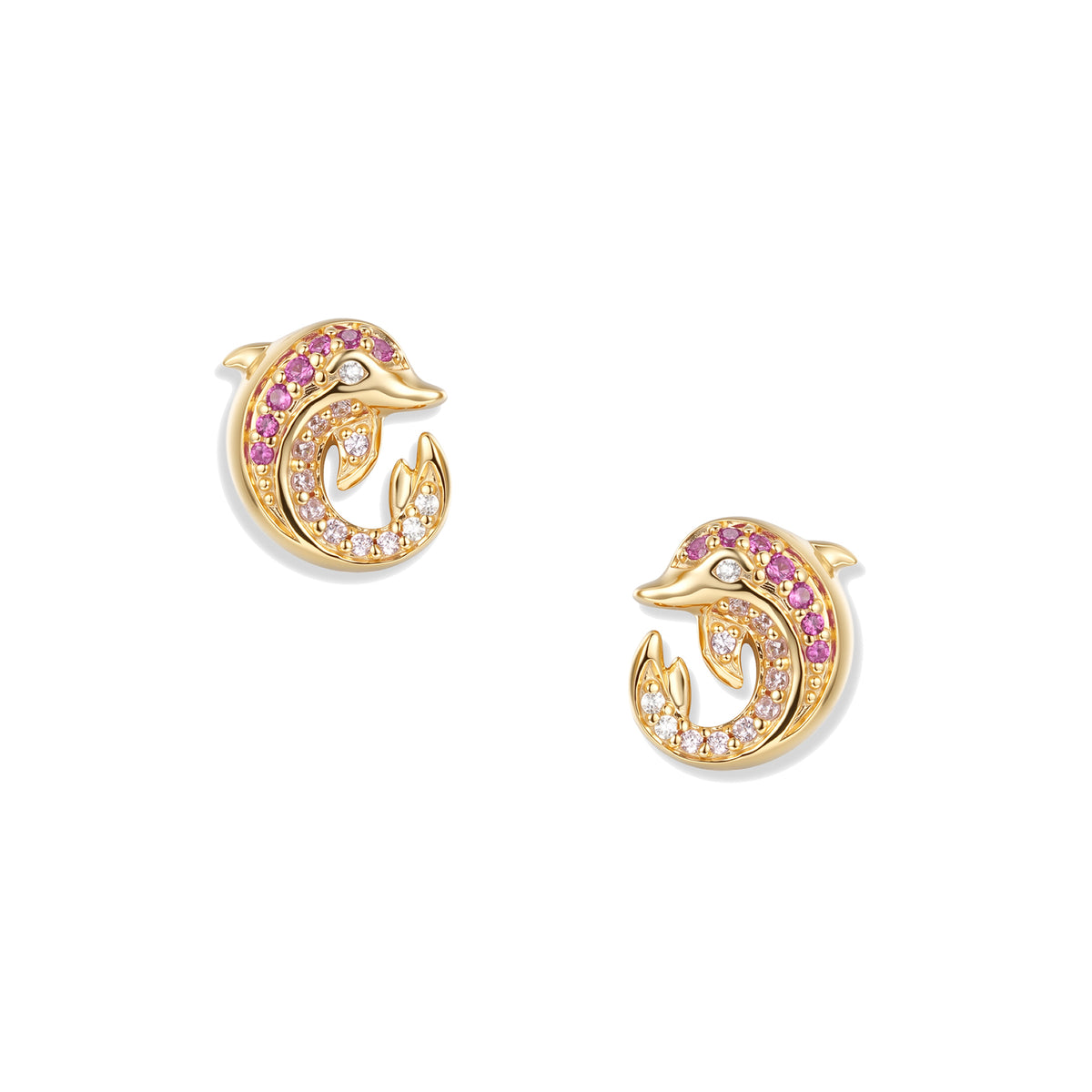 Boucles d'oreilles dormeuses dauphin infinity plaqué or ornées de zirconiums roses