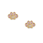 Boucles d'oreilles Blush Paw dorées à l'or fin, motif patte avec oxydes de zirconium ovales roses sur les coussinets et pavage en oxydes de zirconium blancs