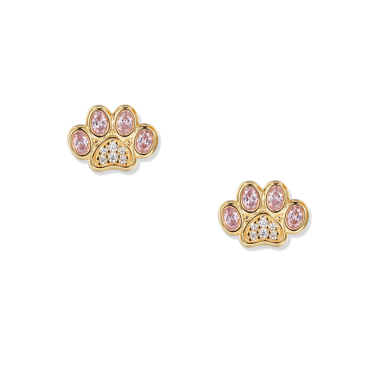 Orecchini a lobo Blush Paw placcati oro con una zampetta ciascuno, zirconi ovali rosa sulle punte e dettagli in zirconi bianchi