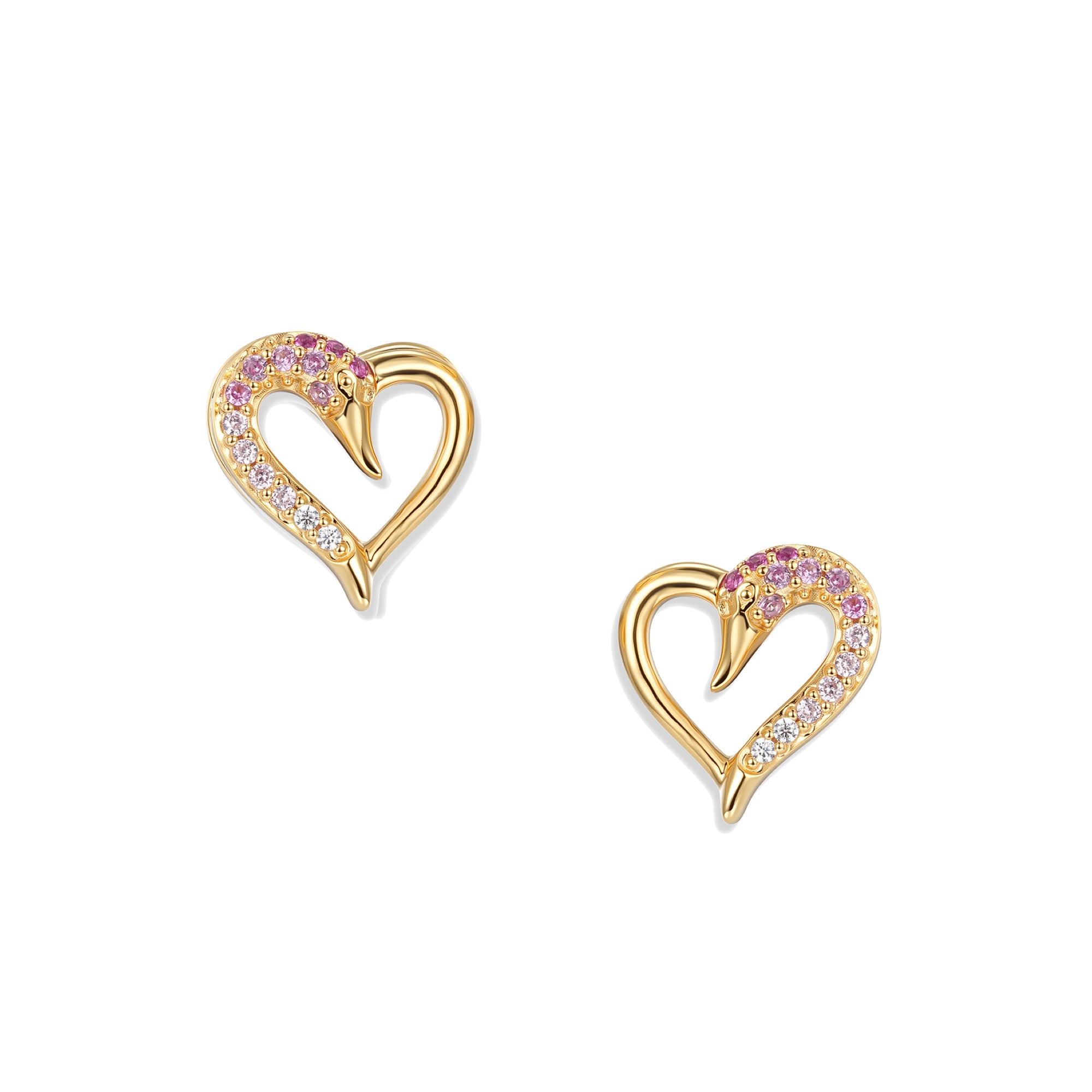 Vergoldete Blush Schwan Herz Ohrstecker mit rosafarbenen und weißen Zirkonia, filigranes Herzmotiv mit Schwanform