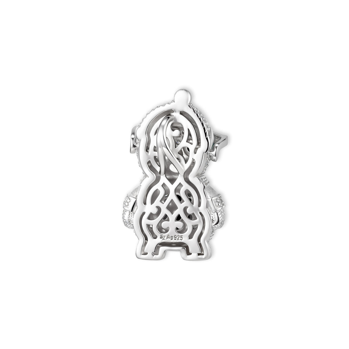Rückseite des Bobby Schneemann-Anhängers von SEINERZEIT aus 925 Sterling Silber mit offen gearbeitetem Design
