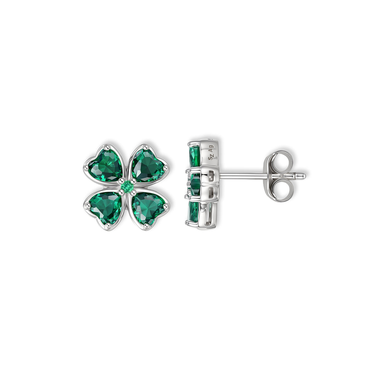 Clea Kleeblatt-Ohrstecker von SEINERZEIT aus 925 Sterling Silber mit smaragdgrünen Zirkonia in Herzform in Seitenansicht