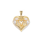 Gold-plated Crystal Birds heart pendant with two birds, white teardrop zirconia, delicate zirconia accents, and mother-of-pearl white enamel