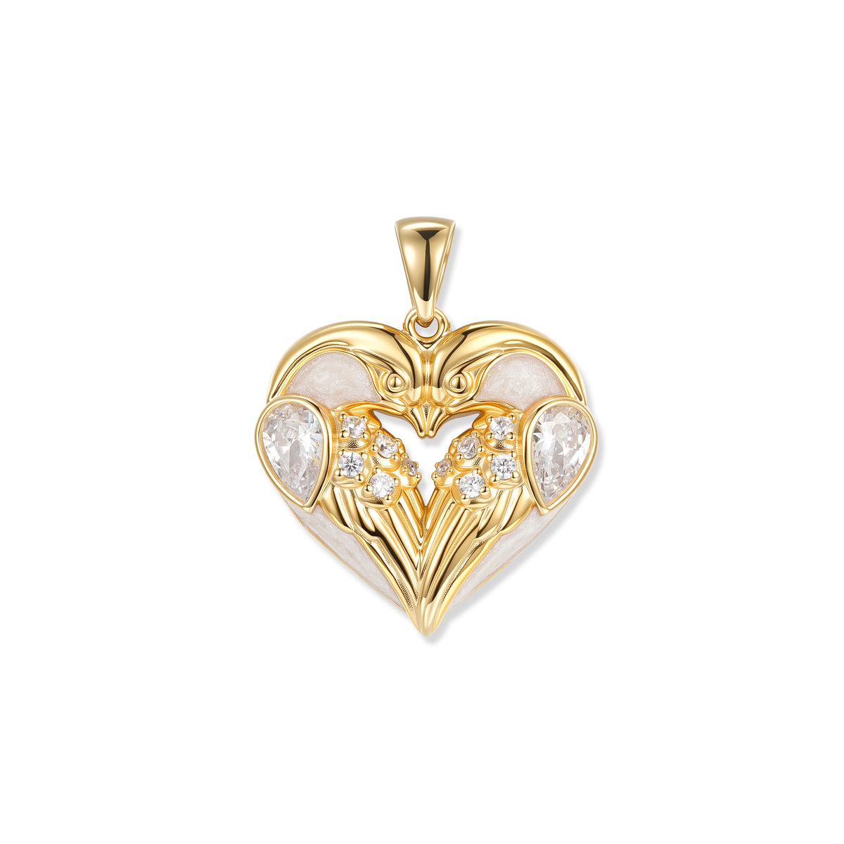 Gold-plated Crystal Birds heart pendant featuring two birds, white teardrop-shaped cubic zirconia, delicate cubic zirconia accents, and pearlescent white enamel
