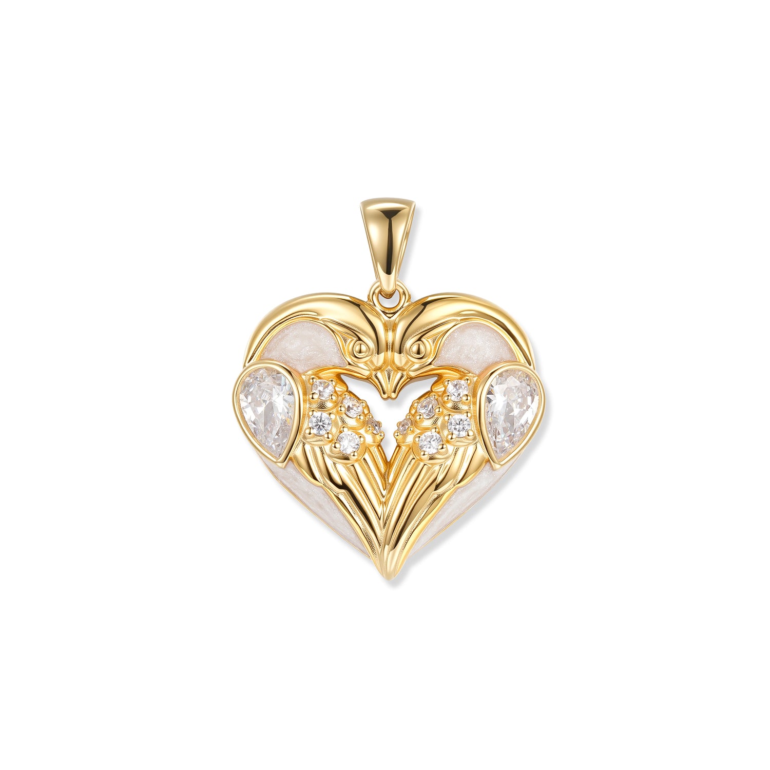 Ciondolo a cuore Crystal Birds placcato oro con due uccellini, zirconi bianchi a goccia, delicati accenti di zirconi e smalto bianco madreperla