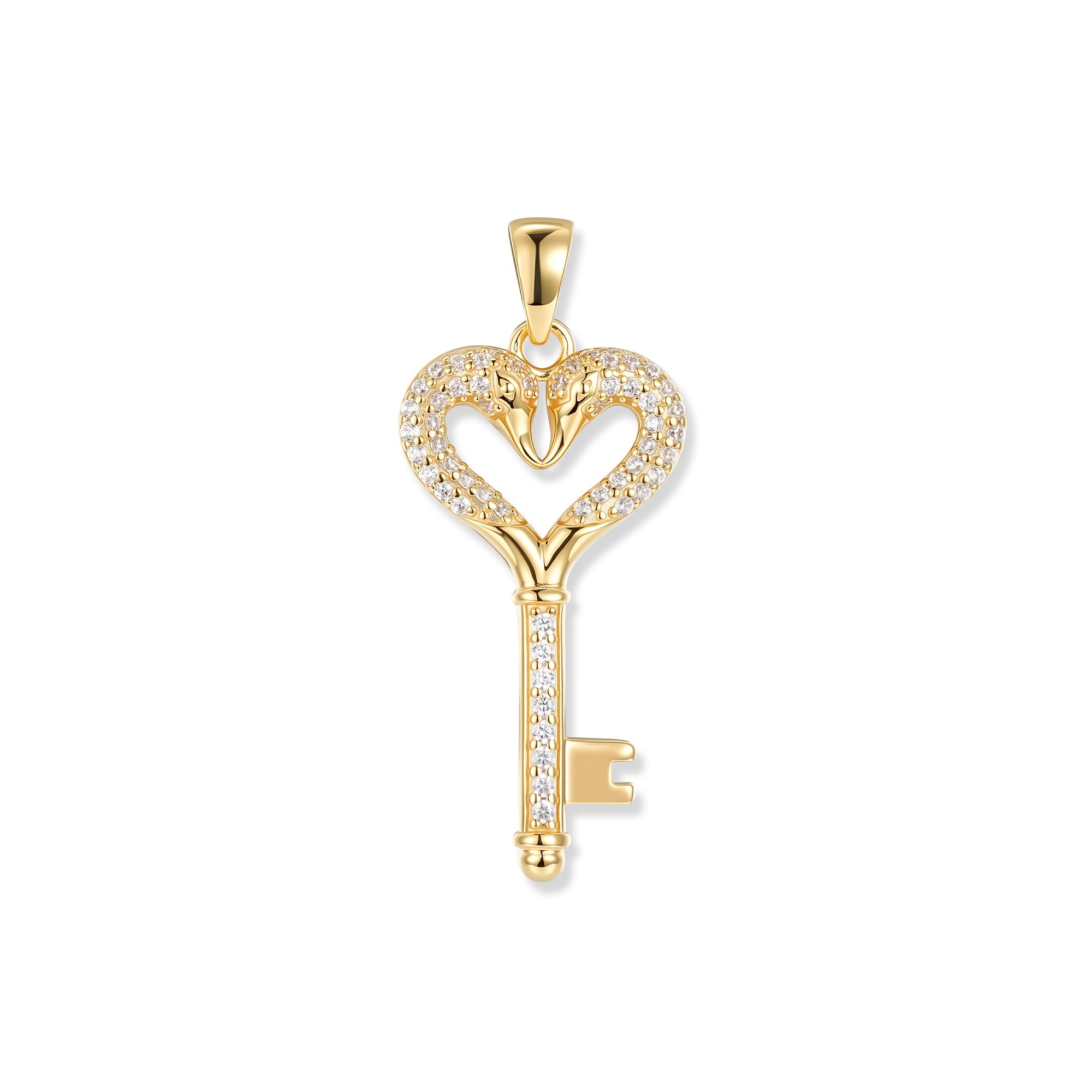 Vergoldeter Crystal Cupid Schlüssel Anhänger mit herzförmigem Griff und weißen Zirkonia, eleganter Symbolschmuck in Gold