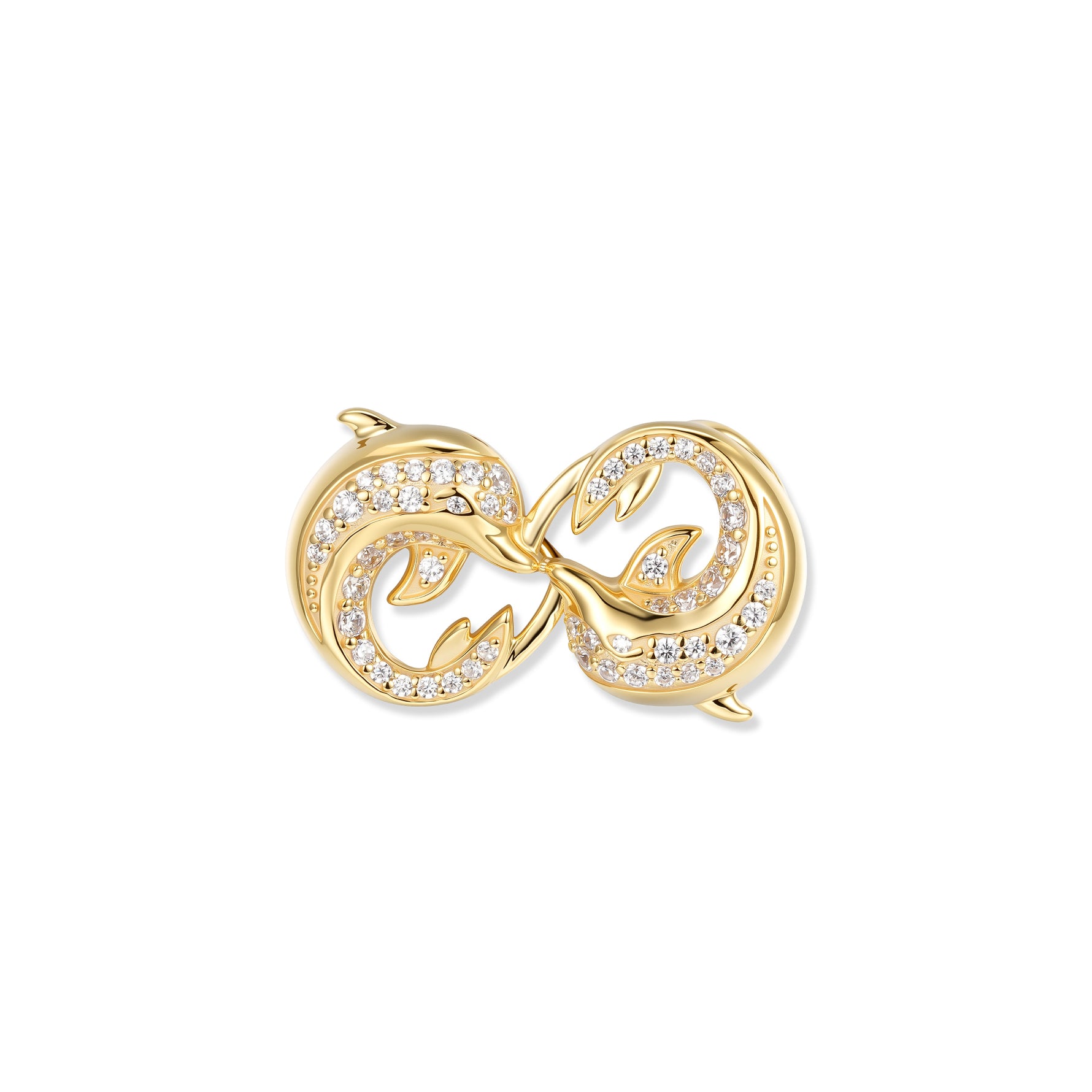Pendentif infini dauphin en cristal plaqué or avec deux dauphins dans le symbole de l'infini, entièrement serti de zirconias blancs