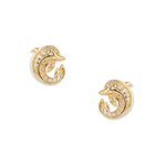 Gold-plated crystal dolphin infinity stud earrings with a round curved dolphin on each, fully set with white zirconia