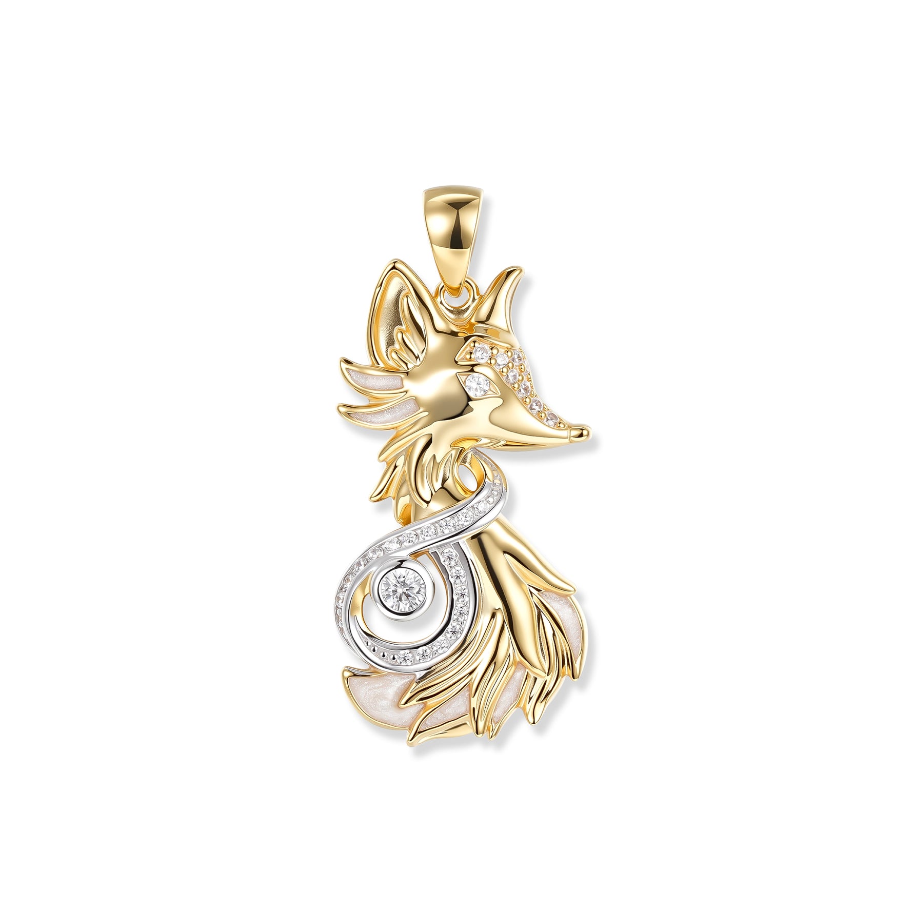 Vergoldeter Crystal Fox Infinity Anhänger mit abstraktem Fuchs und Unendlichkeitssymbol, besetzt mit weißen Zirkonia