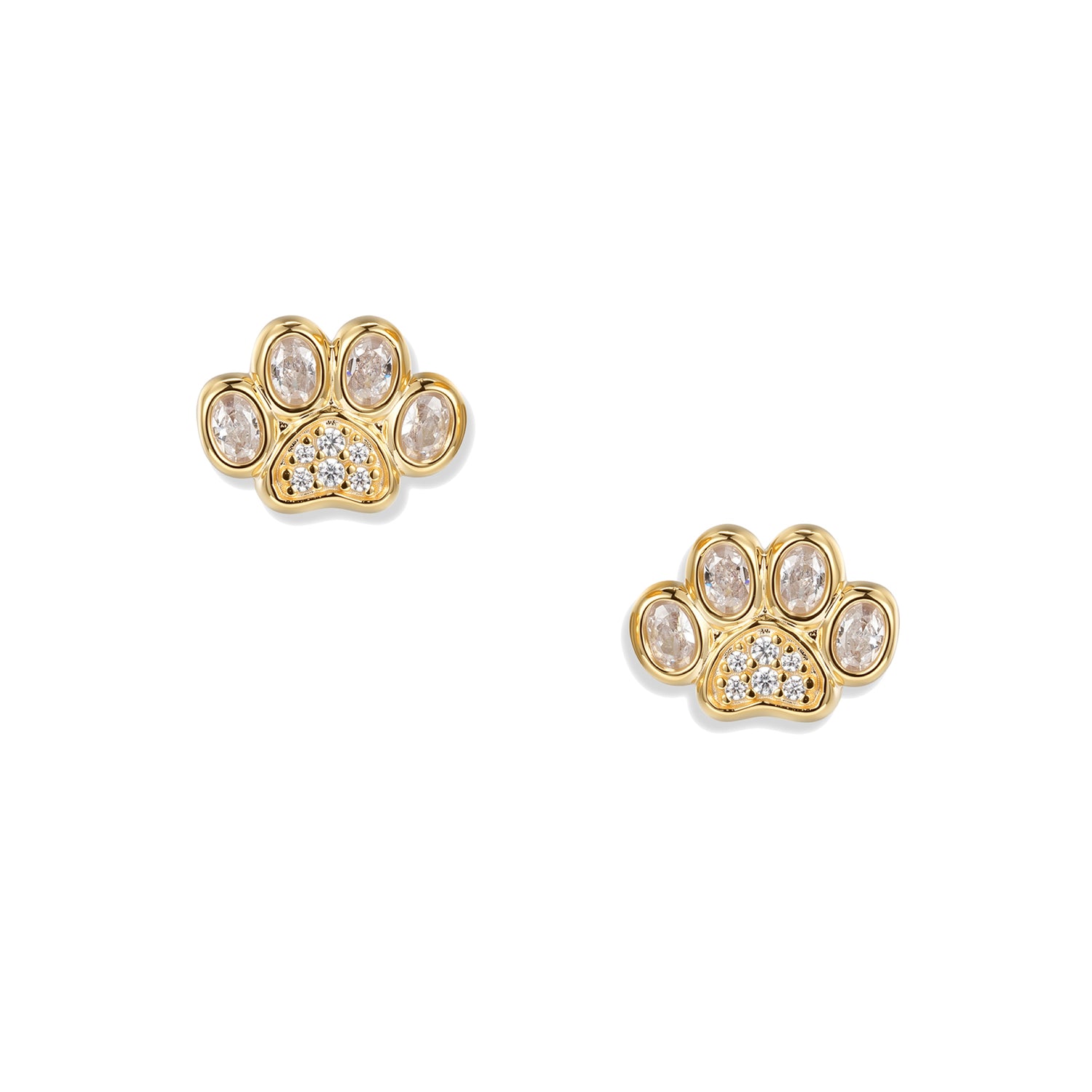 Orecchini a lobo a forma di zampa Crystal Paw placcati oro, con una zampa ciascuno, grandi zirconi bianchi ovali sulle punte e pavé di zirconi bianchi.