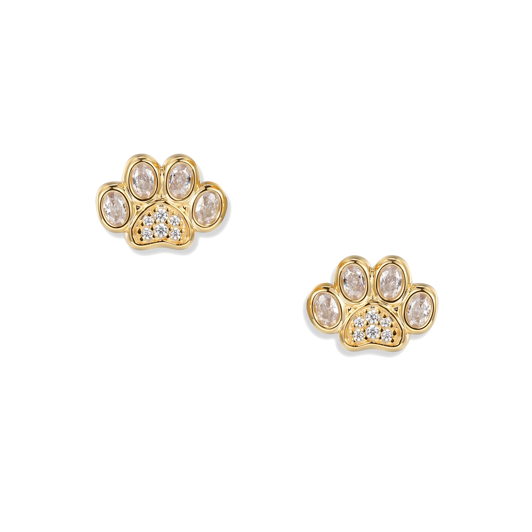 Boucles d'oreilles en patte de cristal plaqué or avec une patte chacune, de grandes zircones blanches ovales aux extrémités des pattes et un pavage complet de zircones blanches
