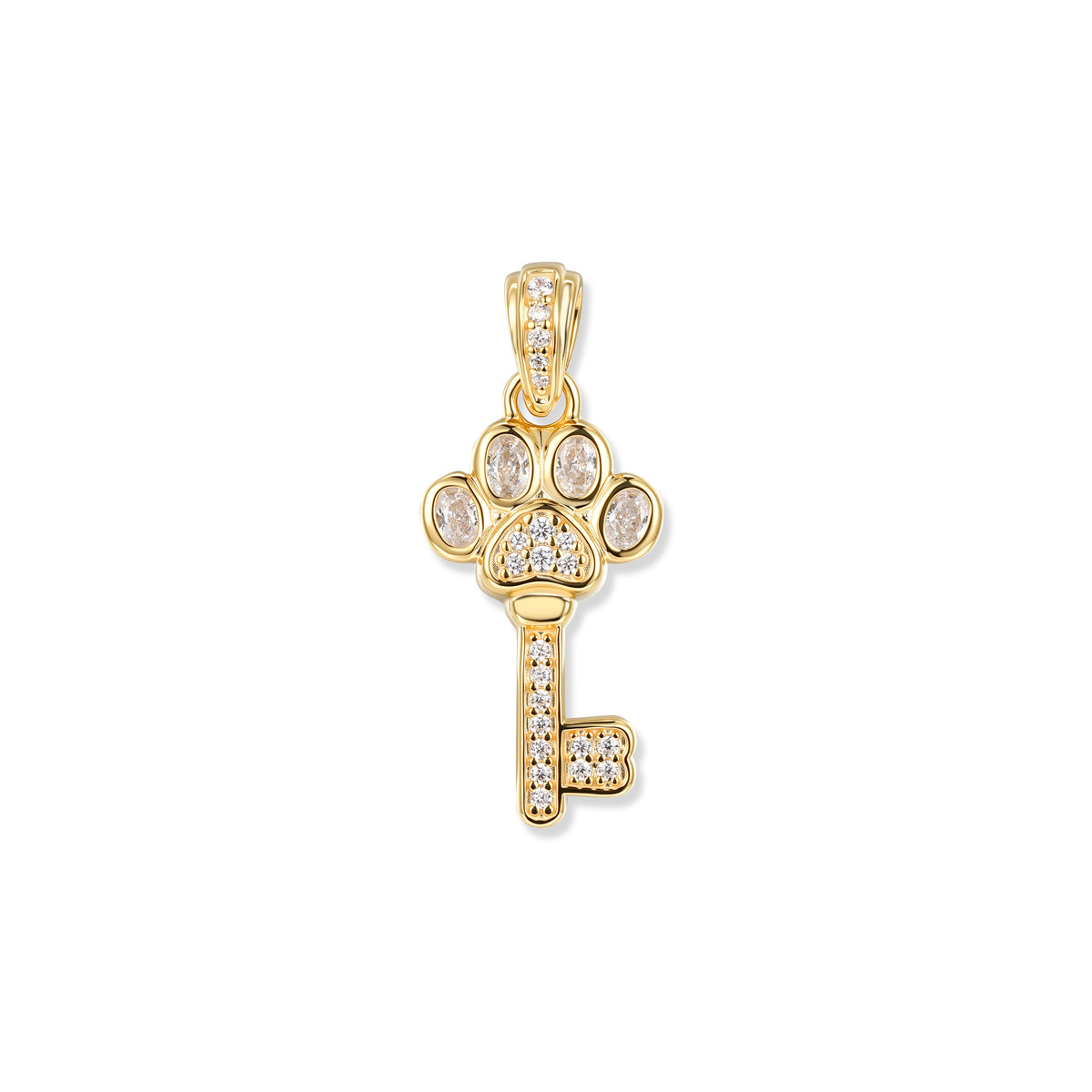 Porte-clés en forme de patte en cristal plaqué or avec poignée en patte, grande zircone blanche ovale aux extrémités des pattes et garniture complète en zircone blanche