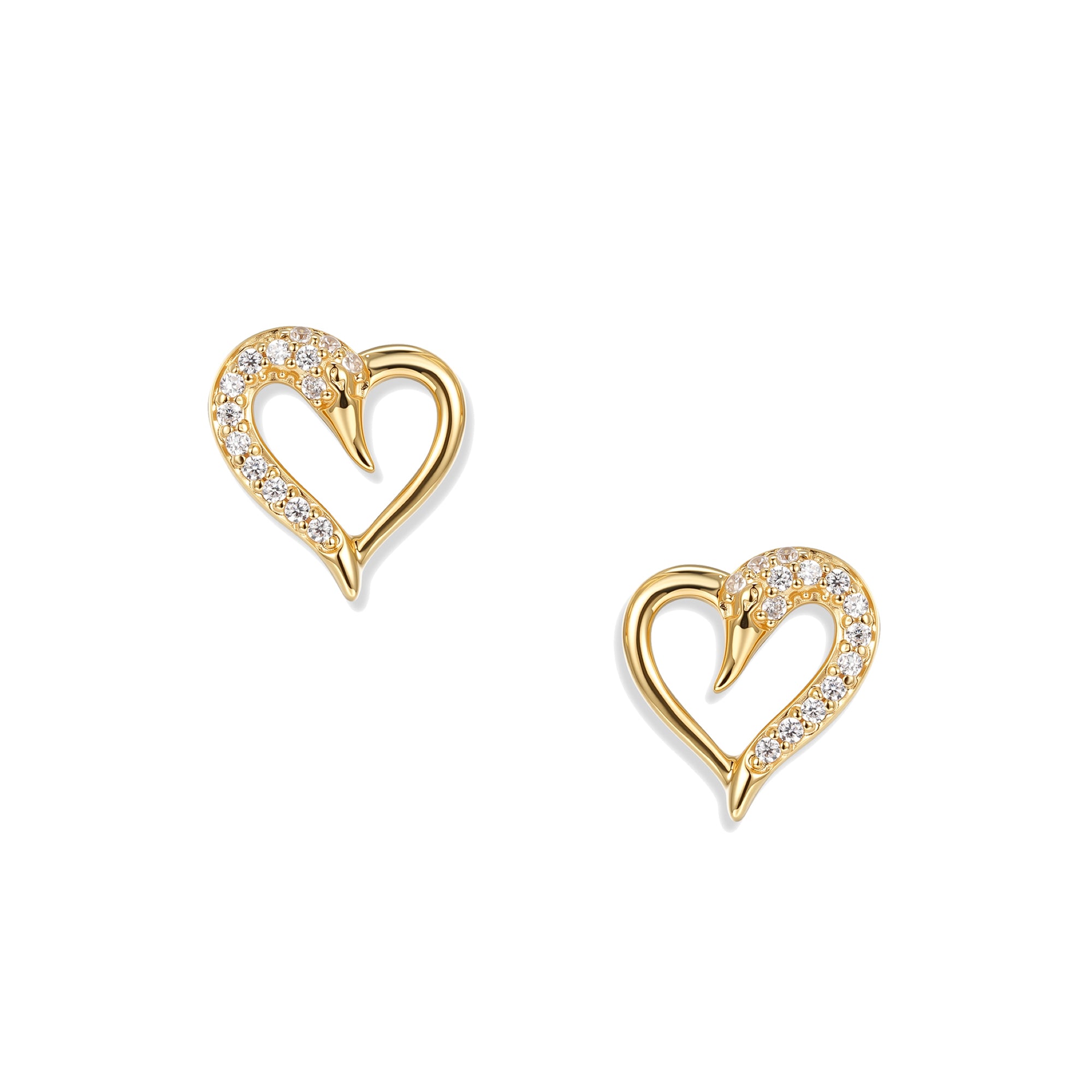 Vergoldete Crystal Schwan Herz Ohrstecker mit weißen Zirkonia, elegantes Herzmotiv mit filigranem Schwan