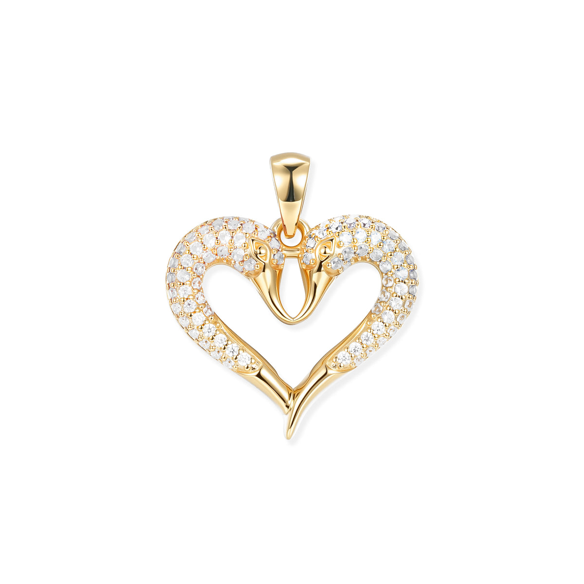 Gold-plated crystal swan heart pendant featuring two swans forming a heart, set with white cubic zirconia