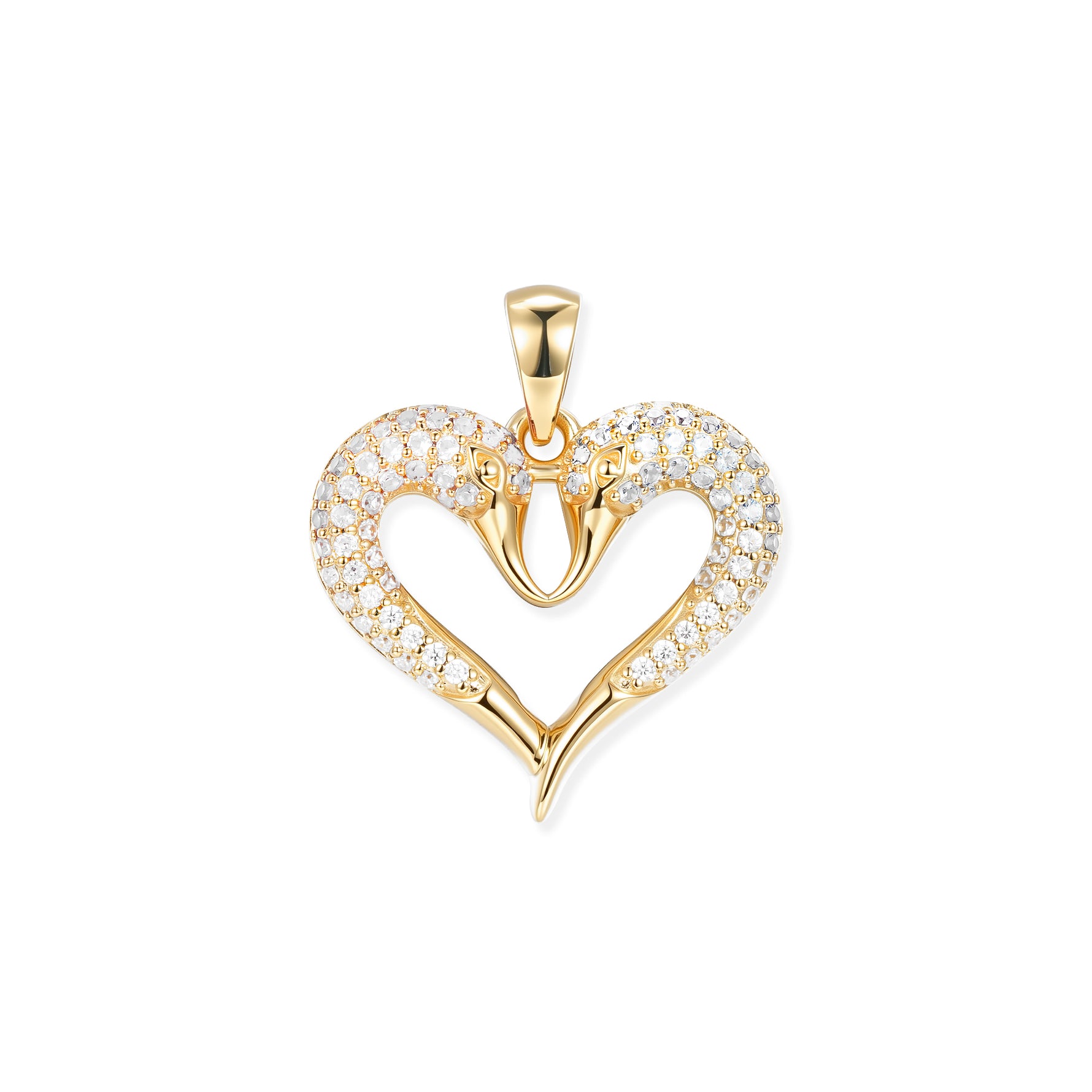 Gold-plated crystal swan heart pendant featuring two swans forming a heart, set with white cubic zirconia