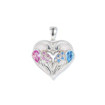 Silver Duo Birds heart pendant with two birds, blue and fuchsia teardrop zirconia, colored wing accents, and pearl-white enamel