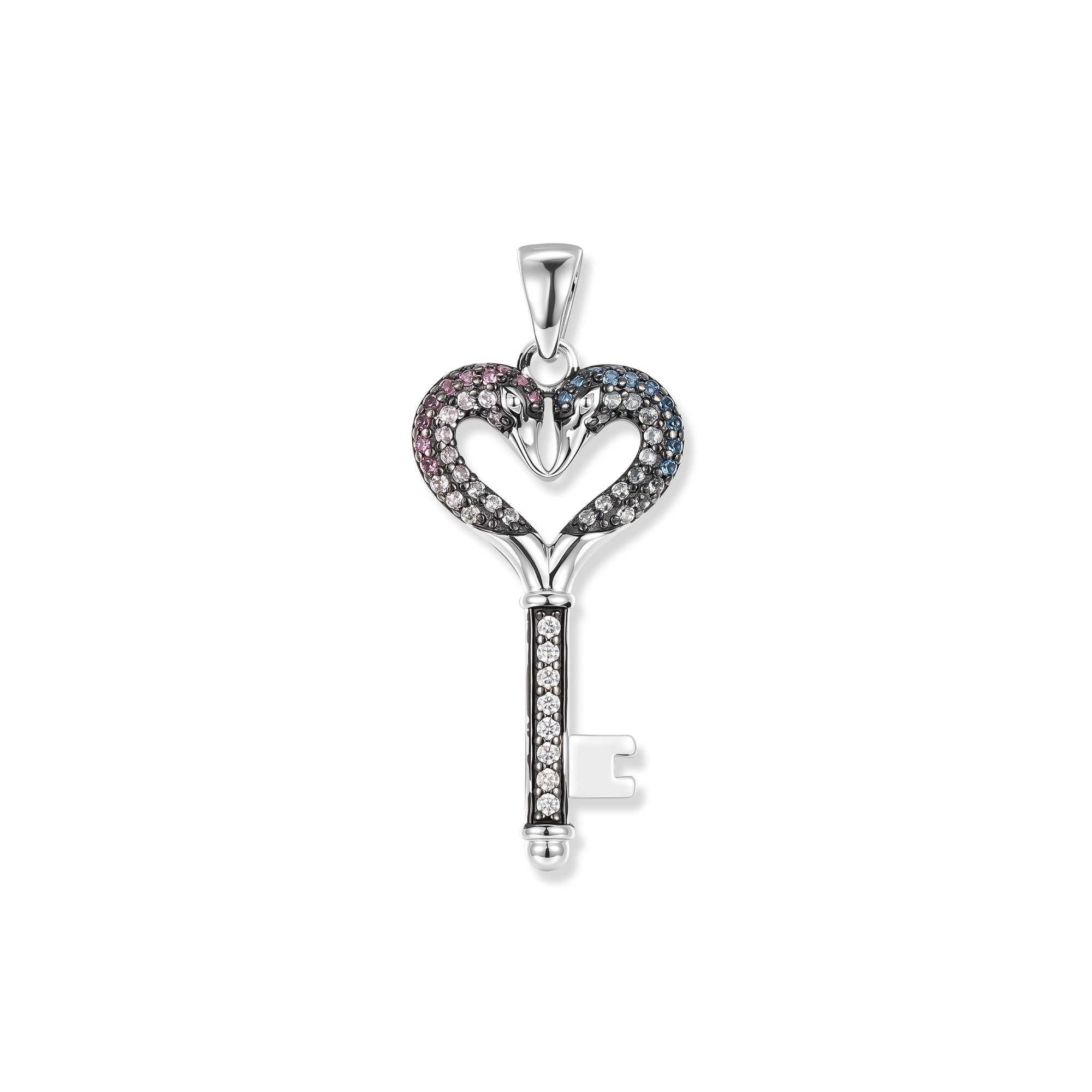Silberner Duo Cupid Schlüssel Anhänger mit Herzgriff aus zwei Schwänen, rosa und blauen Zirkonia mit weißem Farbverlauf und funkelndem Schaft