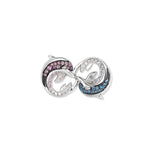 Pendentif infini Duo Dauphin en argent avec deux dauphins dans le symbole de l'infini, oxydes de zirconium rose vif et bleu, et accents noircis