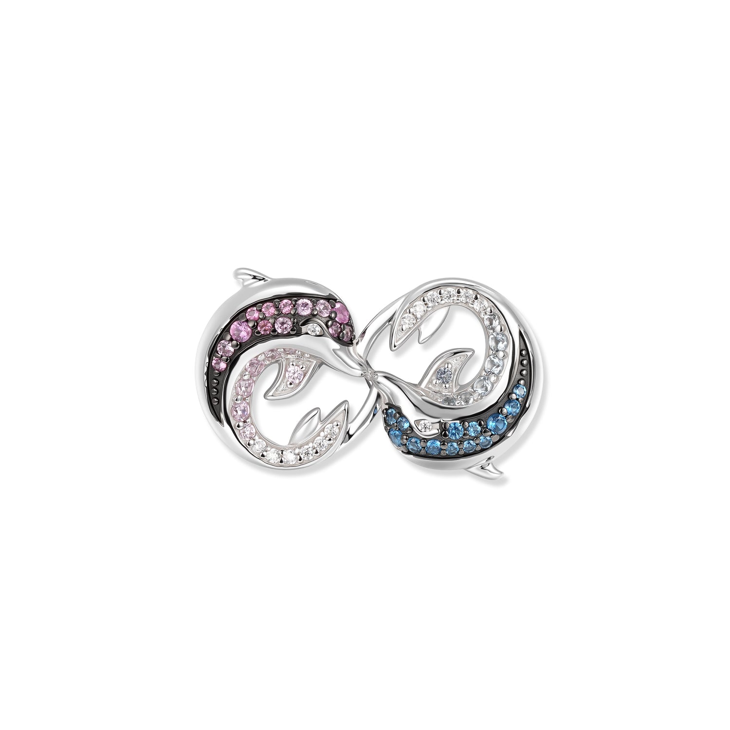 Ciondolo Infinity Duo Delfini in argento con due delfini nel simbolo dell'infinito, zirconi rosa acceso e blu e dettagli bruniti