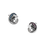 Silver Duo Dolphin Infinity Stud Earrings with two round-curved dolphins, one set with pink and one with blue zirconia