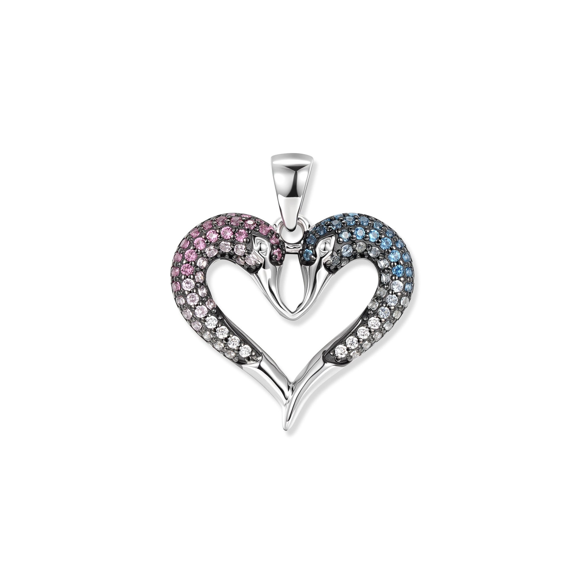 Silberner Duo Schwan Herz Anhänger mit zwei Schwänen Kopf an Kopf, rosa und blauen Zirkonia im sanften Farbverlauf