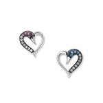 Boucles d'oreilles duo cygne cœur en argent avec zirconiums roses et bleus dégradés, un cygne par forme de cœur