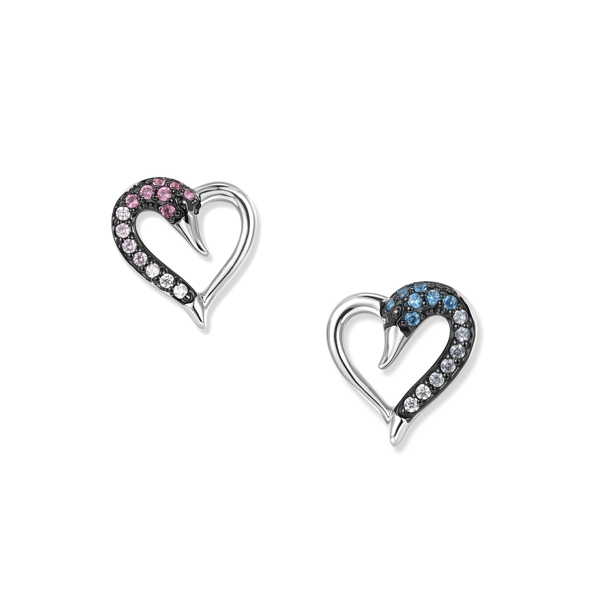 Silberne Duo Schwan Herz Ohrstecker mit rosa und blauen Zirkonia im Farbverlauf, jeweils ein Schwan pro Herzform